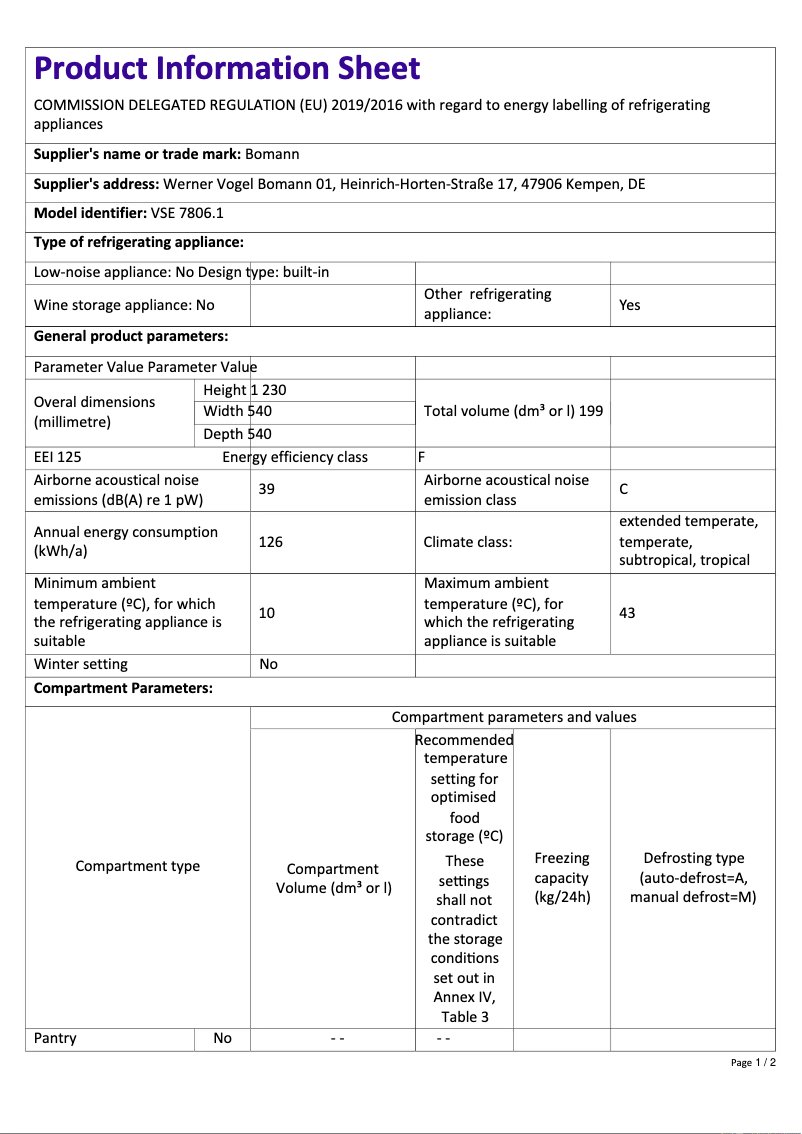 Page 1 de la notice Fiche technique Bomann VSE 7806.1