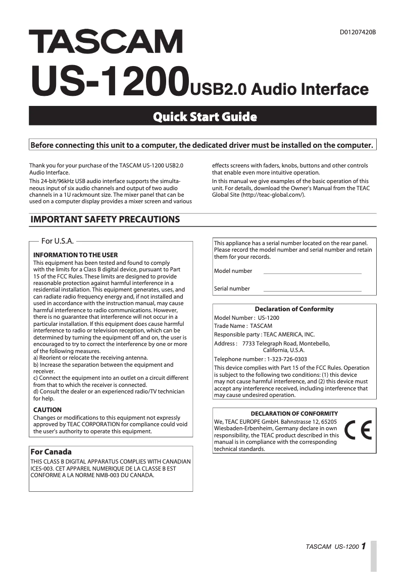 Page n°1 - Guide de démarrage rapide Tascam US-1200