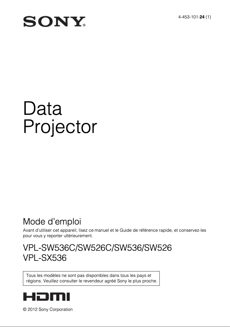 Image de la première page du manuel de l'appareil VPL-SW526