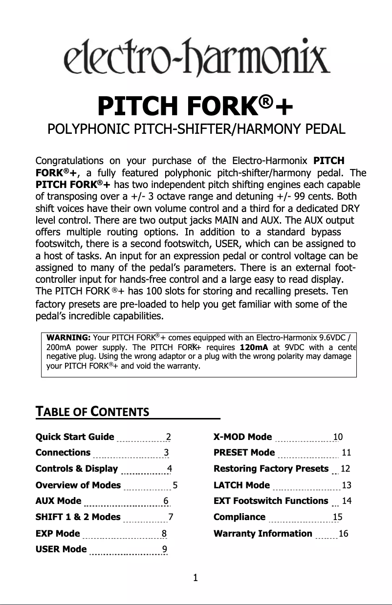 Page 1 de la notice Manuel utilisateur Electro Harmonix Pitch Fork+