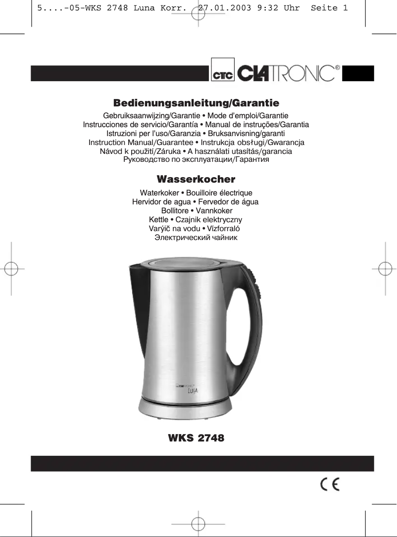 Page 1 de la notice Manuel utilisateur Clatronic WK 2748