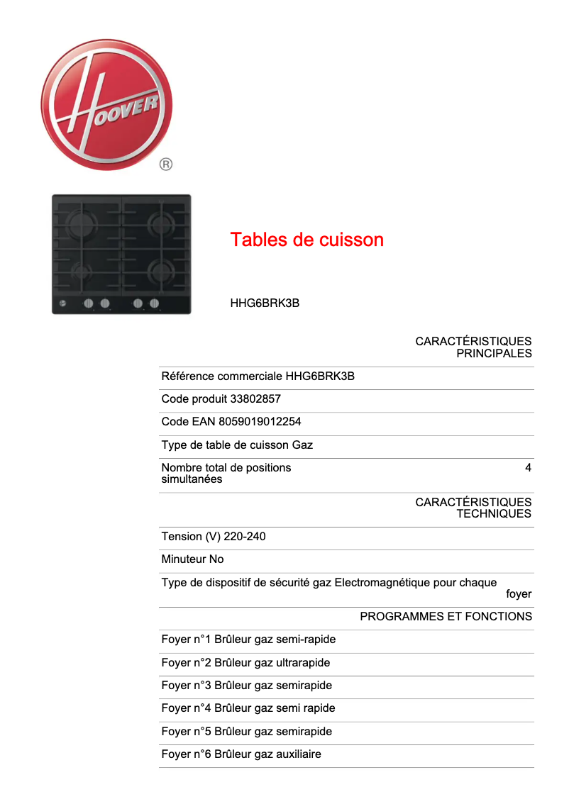 Page 1 de la notice Mode d'emploi Hoover H-HOB 300 HHG6BRK3B