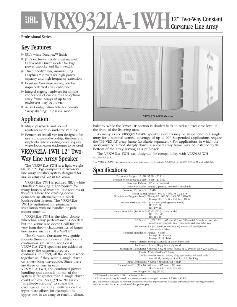 Page 1 de la notice Fiche technique JBL VRX932LA-1