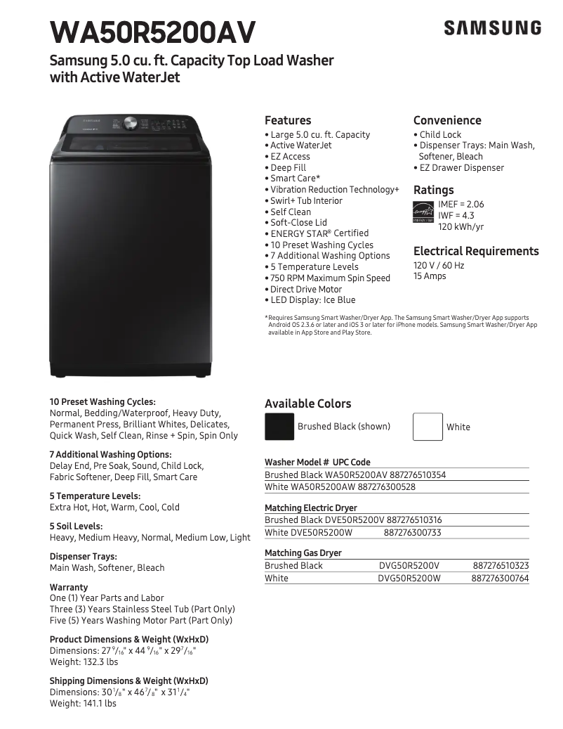 Page 1 de la notice Fiche technique Samsung WA50R5200AW