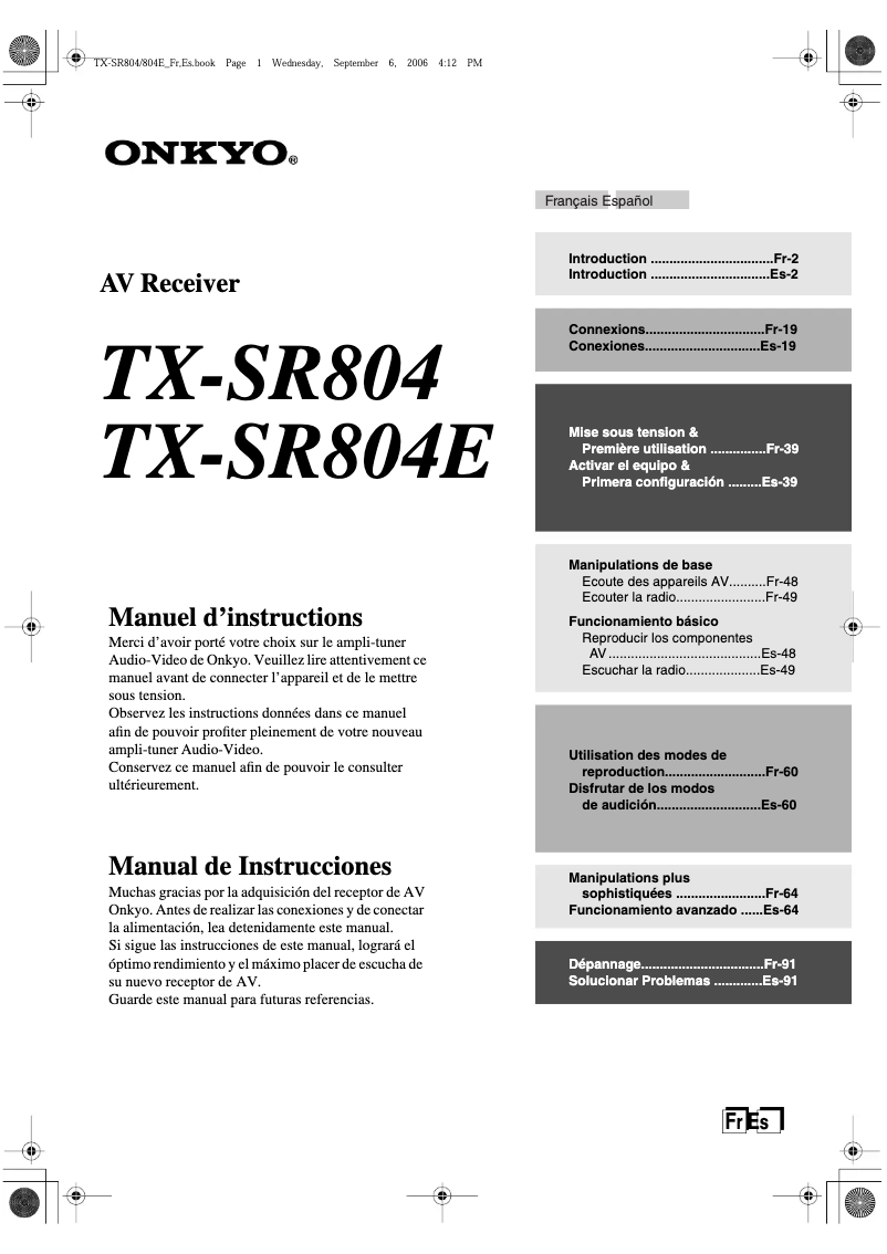 Page 1 de la notice Manuel utilisateur Onkyo TX-SR804E