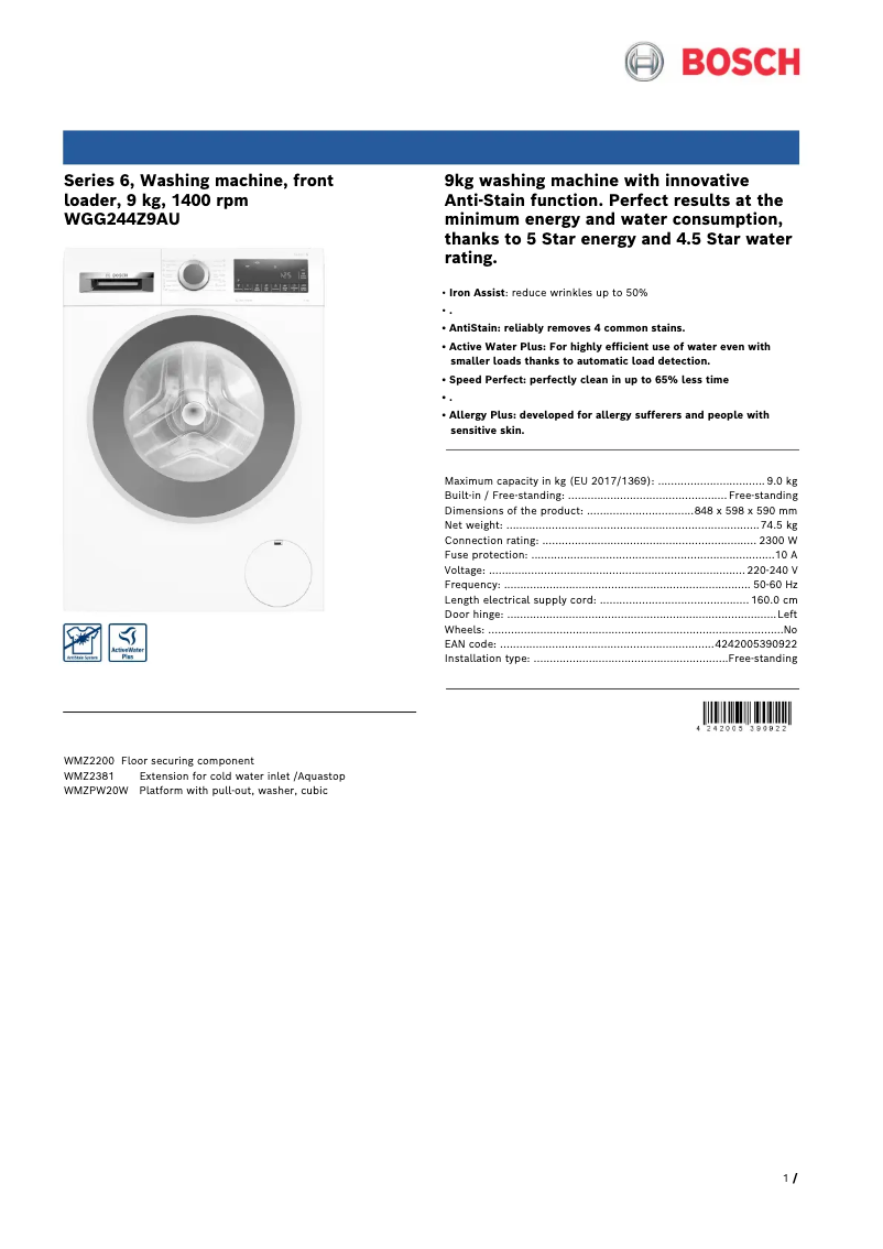 Image de la première page du manuel de l'appareil WGG244Z9AU