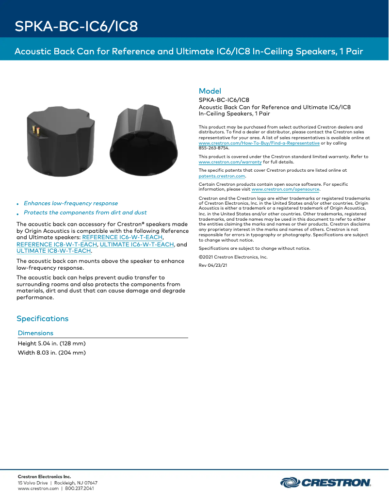 Page n°1 - Fiche technique Crestron SPKA-BC-IC6/IC8