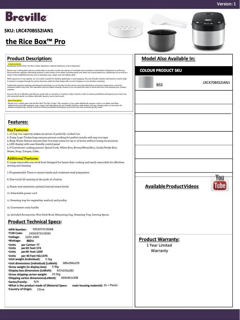 Image de la première page du manuel de l'appareil the Rice Box Pro LRC470