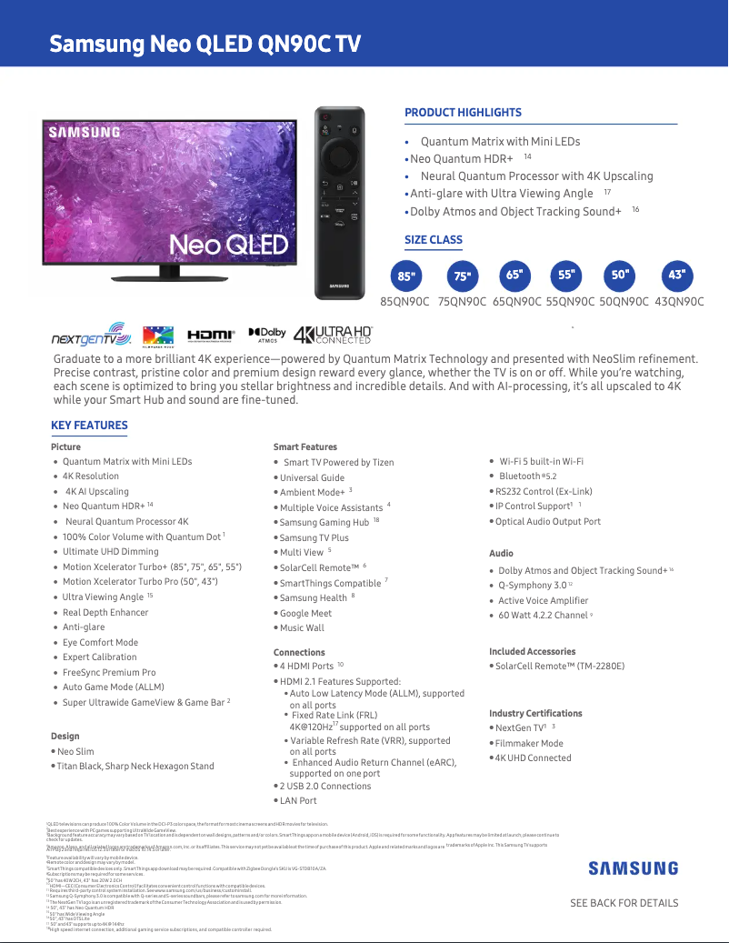 Page 1 de la notice Fiche technique Samsung QN50QN90CAF