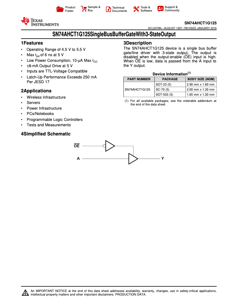 Page 1 de la notice Manuel utilisateur Texas Instruments SN74AHCT1G125DCKT