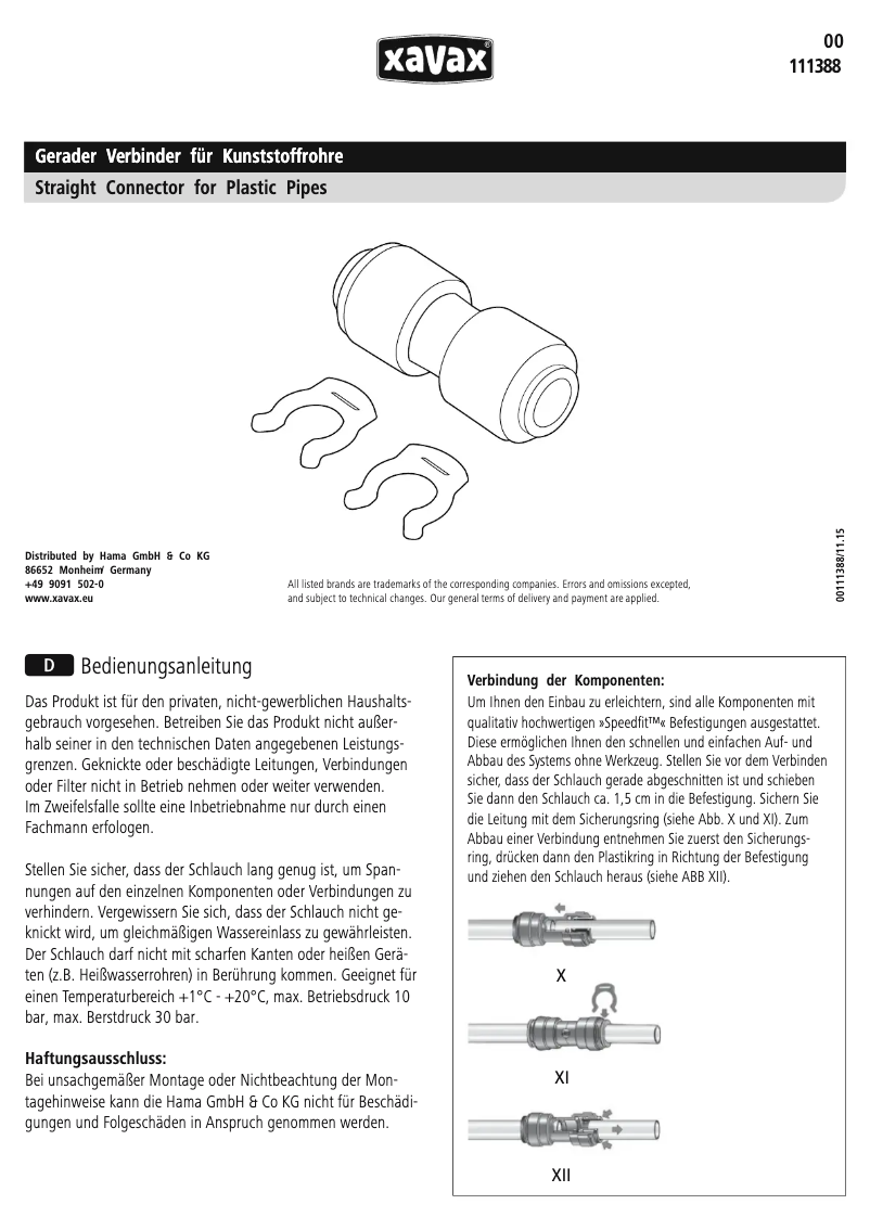 Image de la première page du manuel de l'appareil 00111388 Xavax