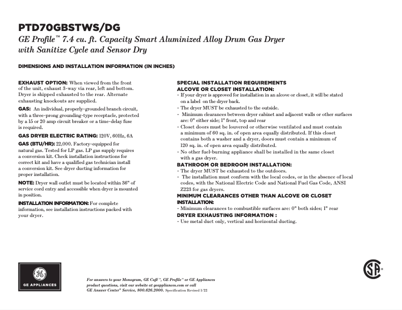 Página 1 del manual Ficha técnica GE Profile PTD70GBSTWS