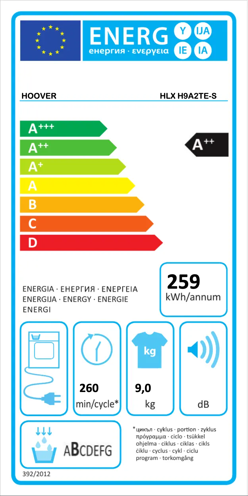 Page n°1 - Label énergétique Hoover HLX H9A2TE-S
