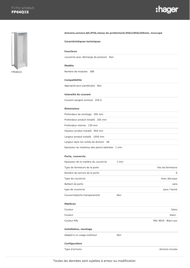 Page n°1 - Manuel utilisateur Hager FP64Q1S
