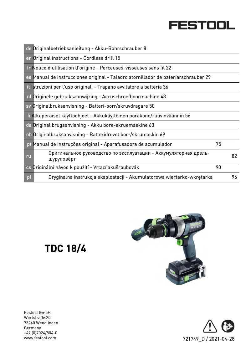 Page 1 de la notice Manuel utilisateur Festool TDC 18/4 5,2/4,0 I-Set