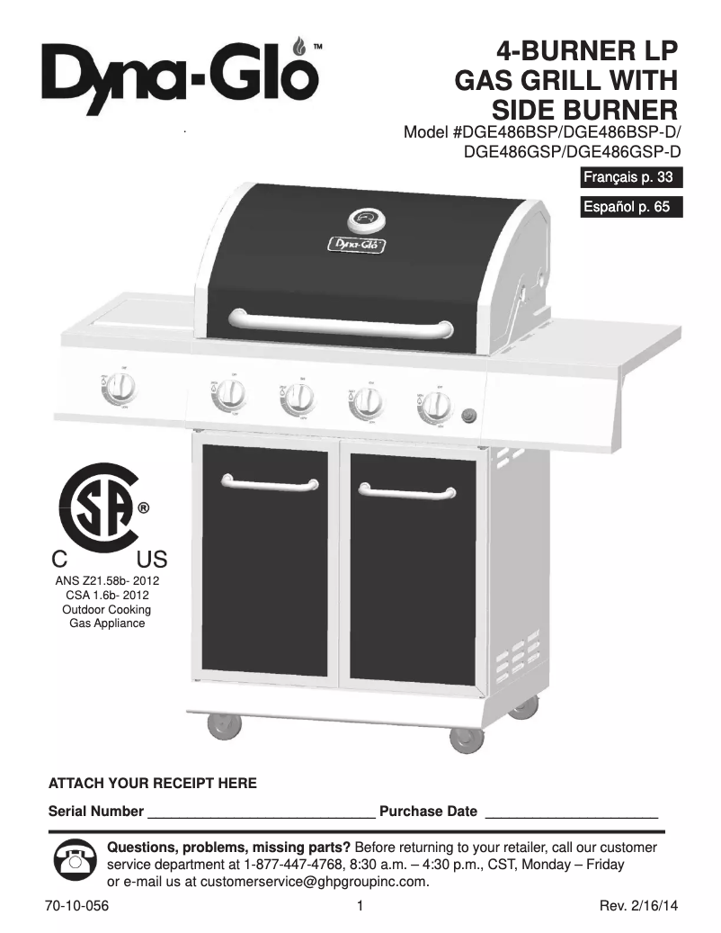 Page 1 de la notice Manuel utilisateur Dyna-Glo DGE486BSP-D