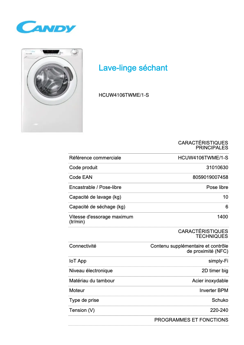 Page 1 de la notice Fiche technique Candy HCUW4106TWME/1-S