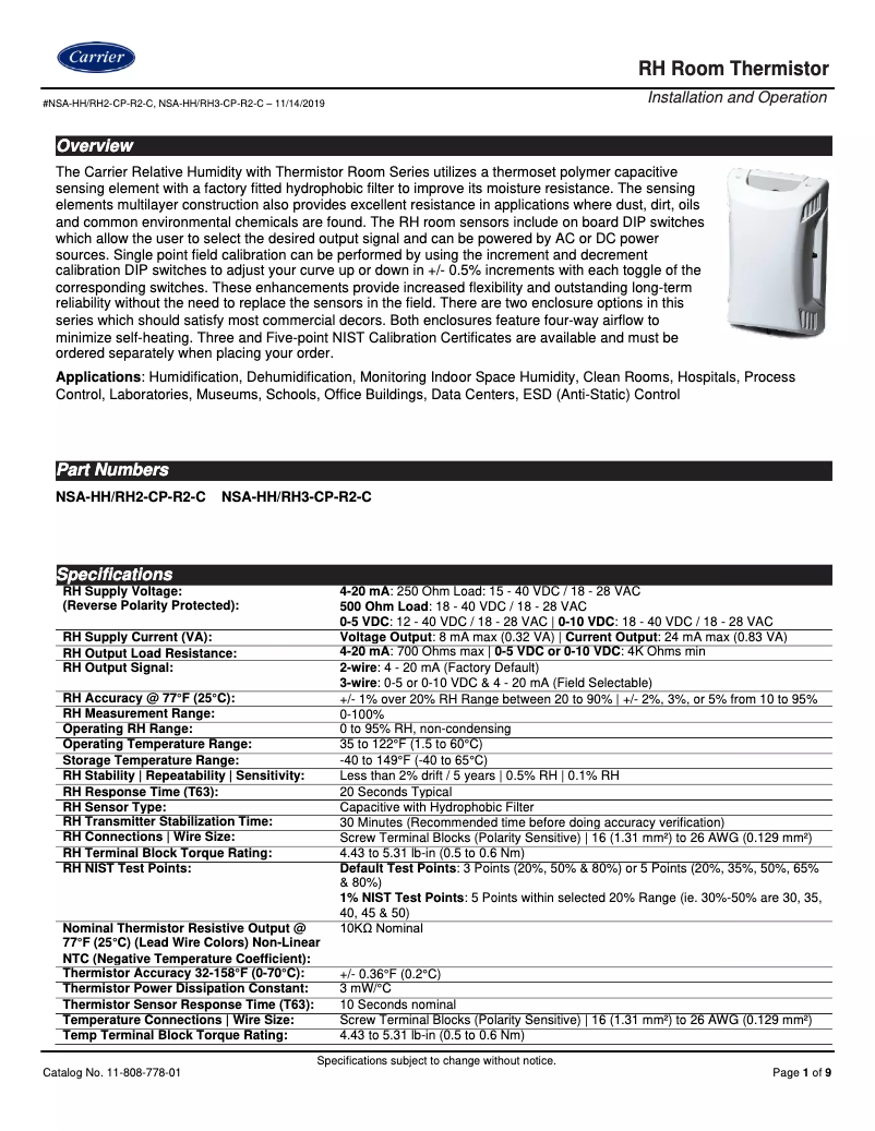 Page n°1 - Manuel utilisateur Carrier NSA-RH-ROOM