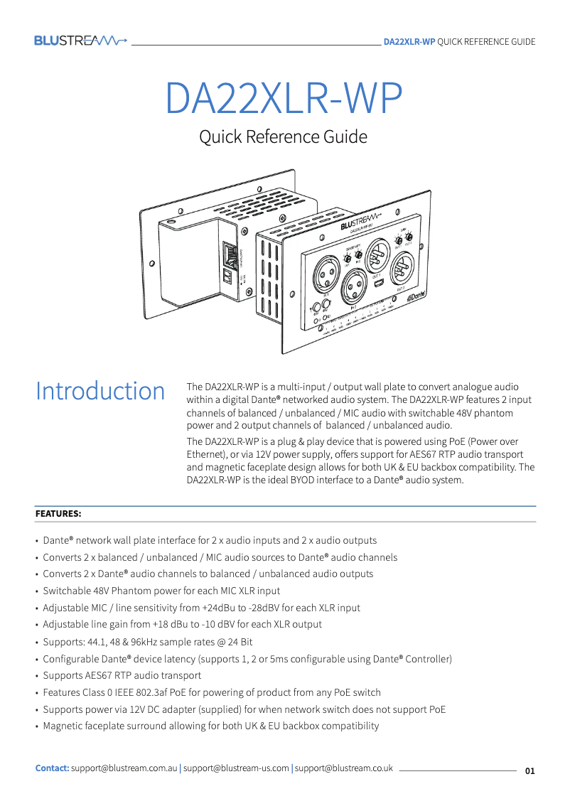 Page 1 de la notice Manuel utilisateur Blustream DA22XLR-WP