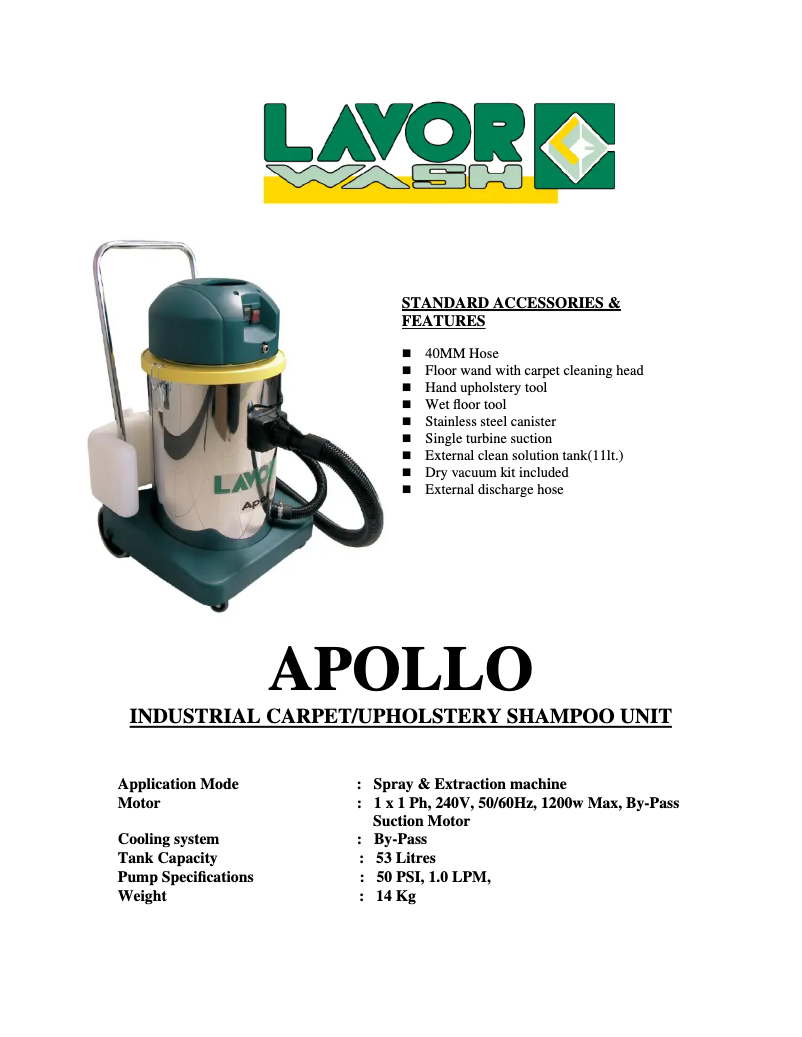 Page 1 de la notice Fiche technique Lavorwash Apollo