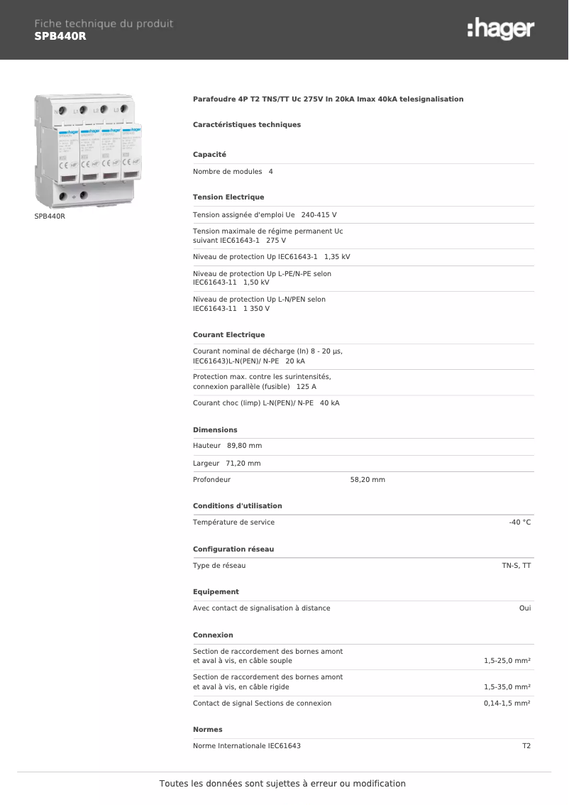 Page n°1 - Fiche technique Hager SPB440R