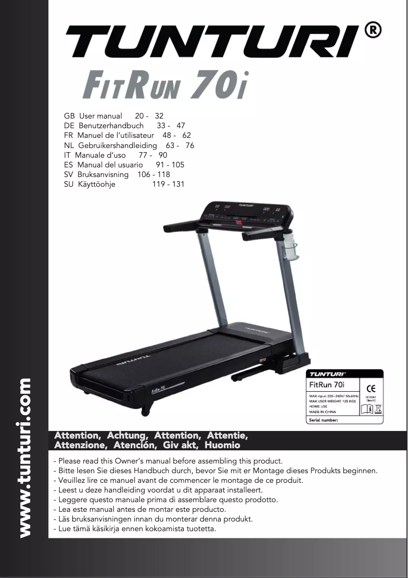 Page n°1 - Manuel utilisateur Tunturi FitRun 70i