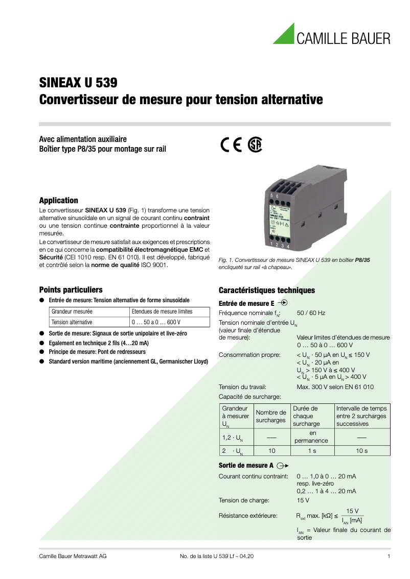 Page 1 de la notice Fiche technique Camille Bauer Sineax U539