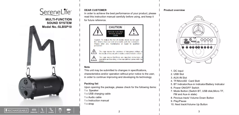 Page 1 de la notice Manuel utilisateur SereneLife SLBSP10