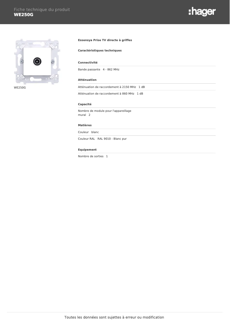 Page 1 de la notice Fiche technique Hager WE250G