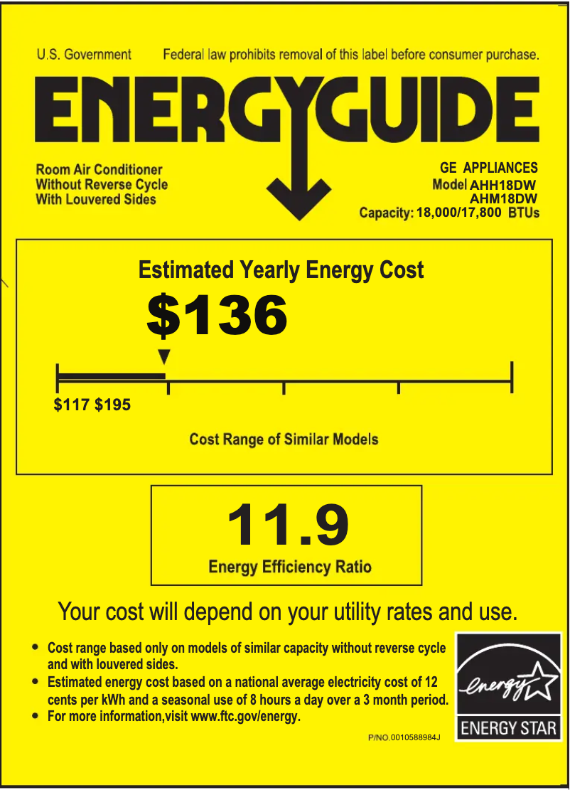 Page 1 de la notice Label énergétique GE AHH18DW