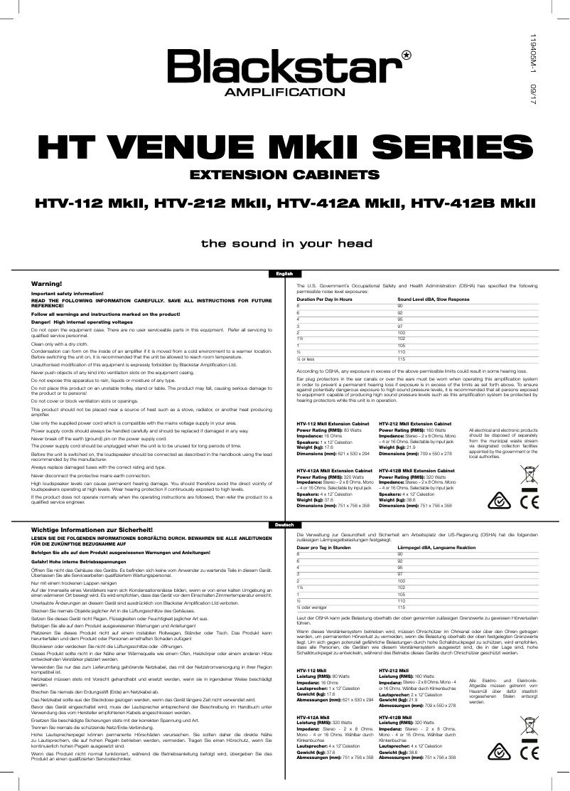 Page n°1 - Manuel utilisateur Blackstar HTV-112 MkII