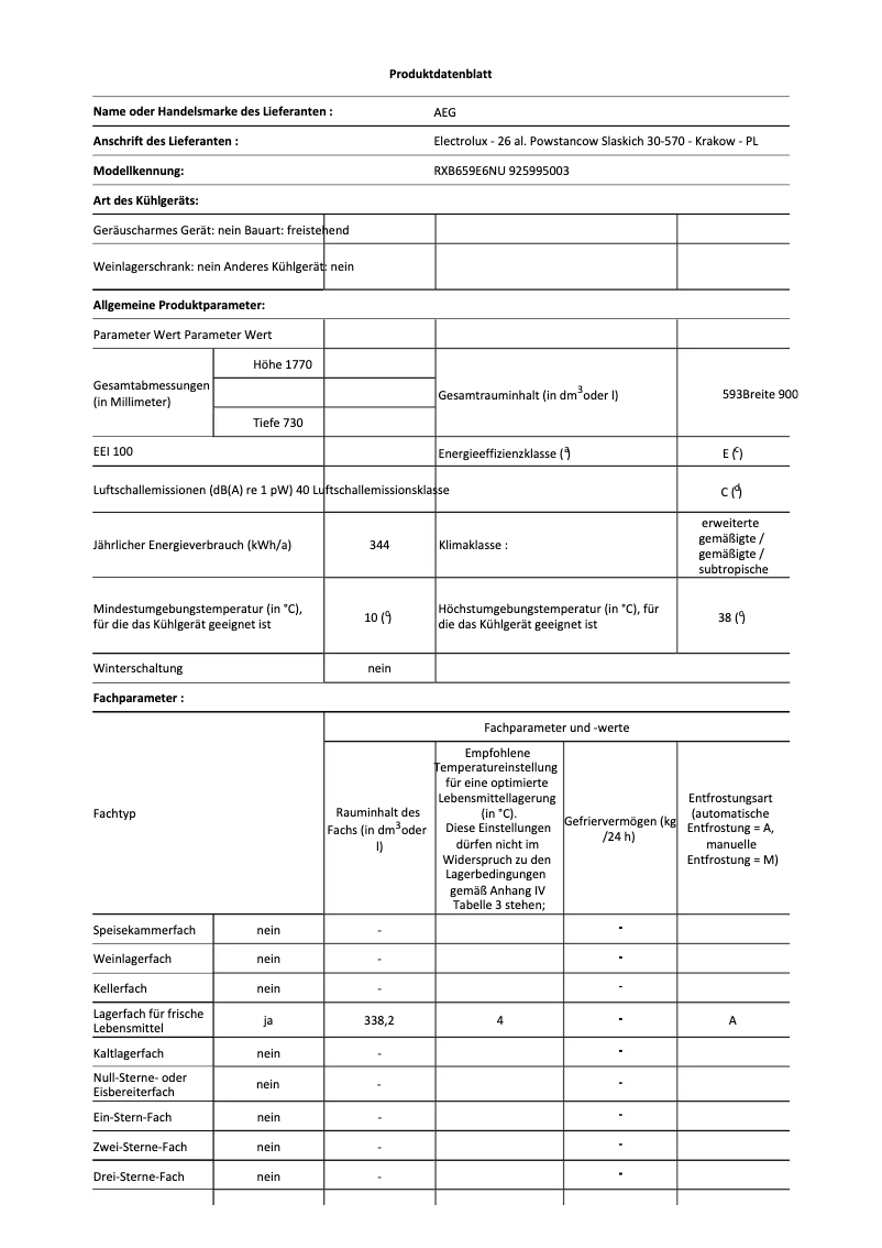 Page 1 de la notice Fiche technique AEG RXB659E6NU
