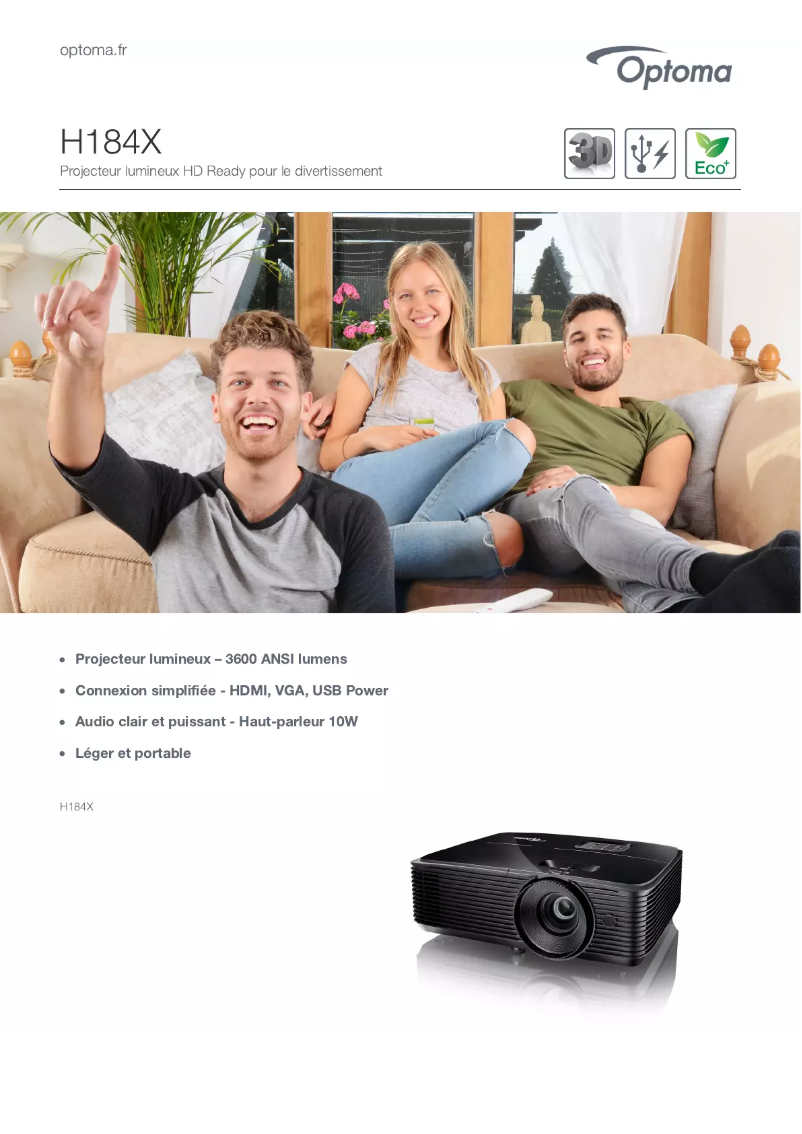 Page 1 de la notice Fiche technique Optoma H184X