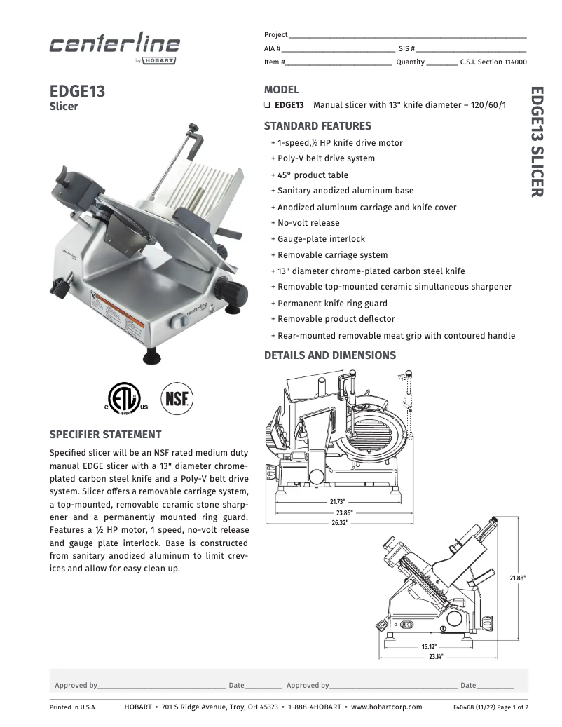 Page 1 de la notice Fiche technique Centerline EDGE13