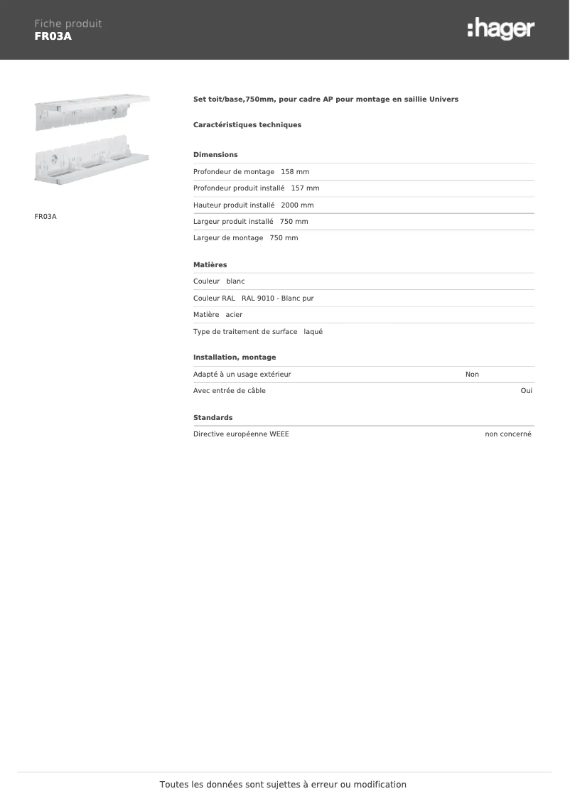 Page n°1 - Manuel utilisateur Hager FR03A