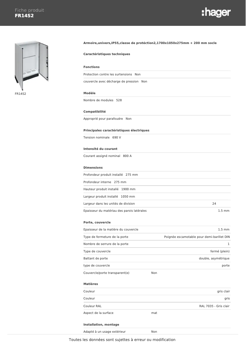 Page 1 de la notice Fiche technique Hager FR14S2