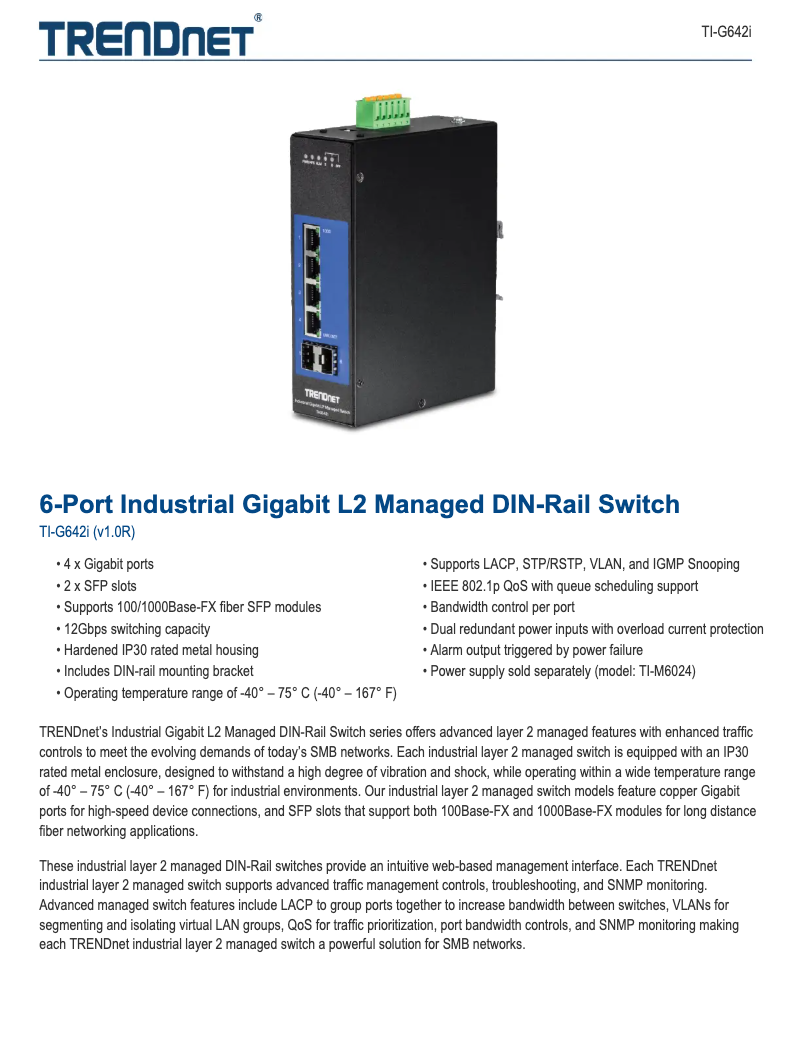 Page 1 de la notice Fiche technique TRENDnet TI-G642i