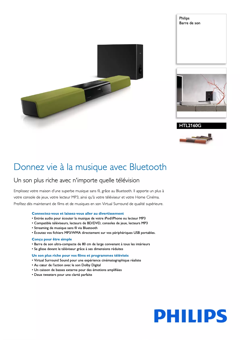 Page 1 de la notice Fiche technique Philips HTL2160G