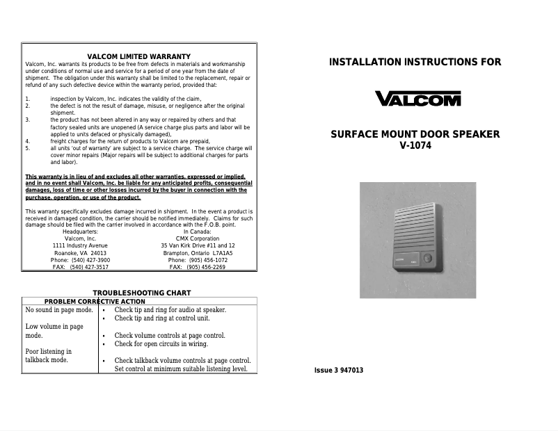 Page 1 de la notice Manuel utilisateur Valcom V-1074