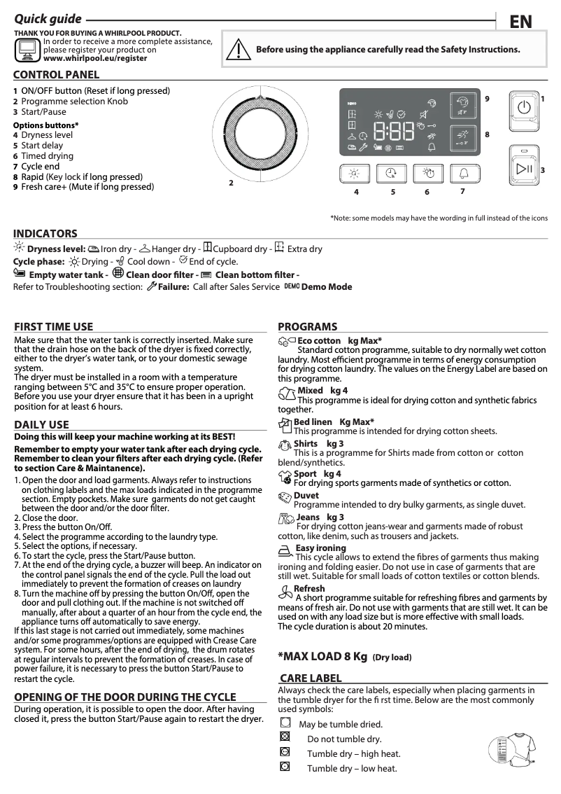 Page 1 de la notice Manuel utilisateur Whirlpool FT M11 82 UK