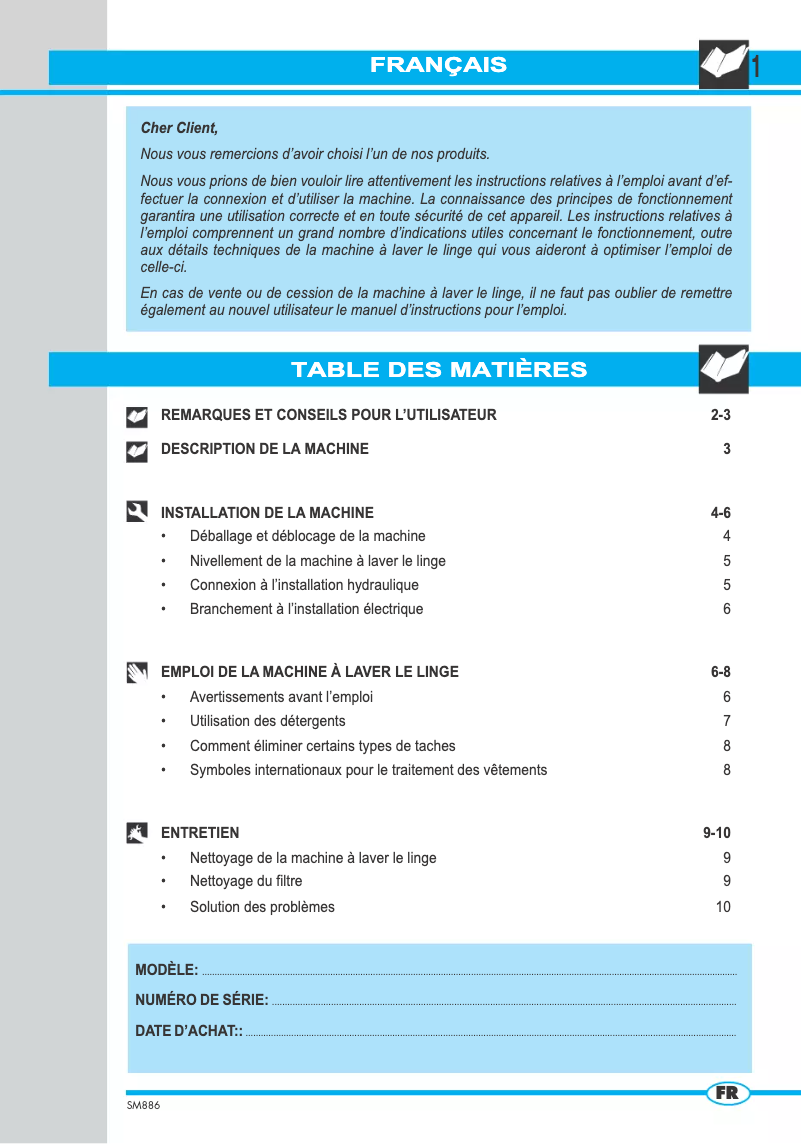 Page 1 de la notice Manuel utilisateur Ardo WD7512