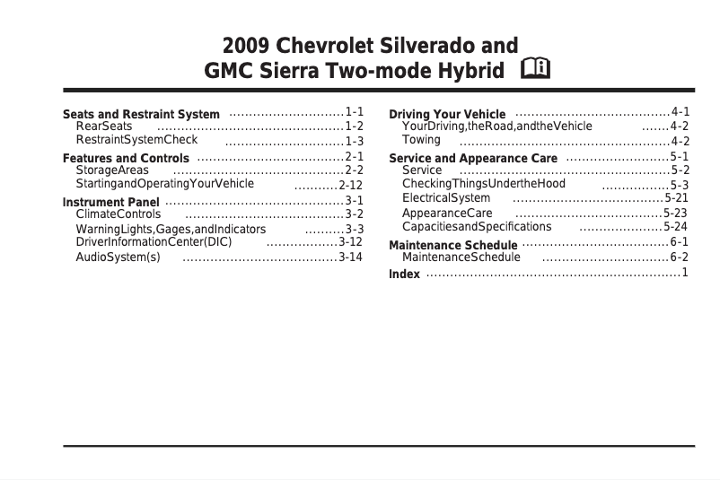 Page 1 de la notice Manuel utilisateur GMC Sierra 1500 Hybrid (2009)