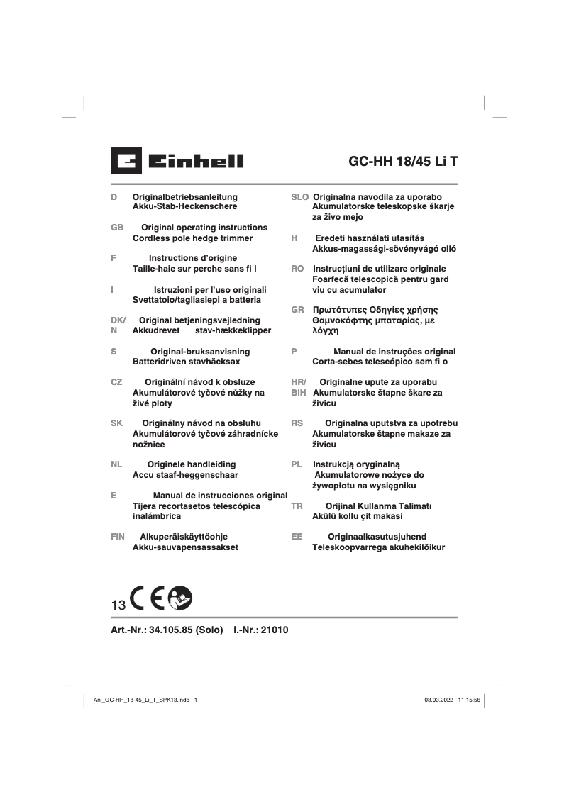 Page 1 de la notice Manuel utilisateur Einhell GC-HH 18/45 Li T