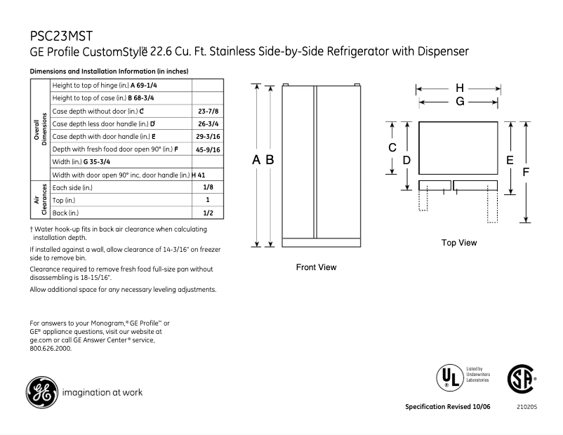 Page 1 de la notice Fiche technique GE PSC23MSWSS
