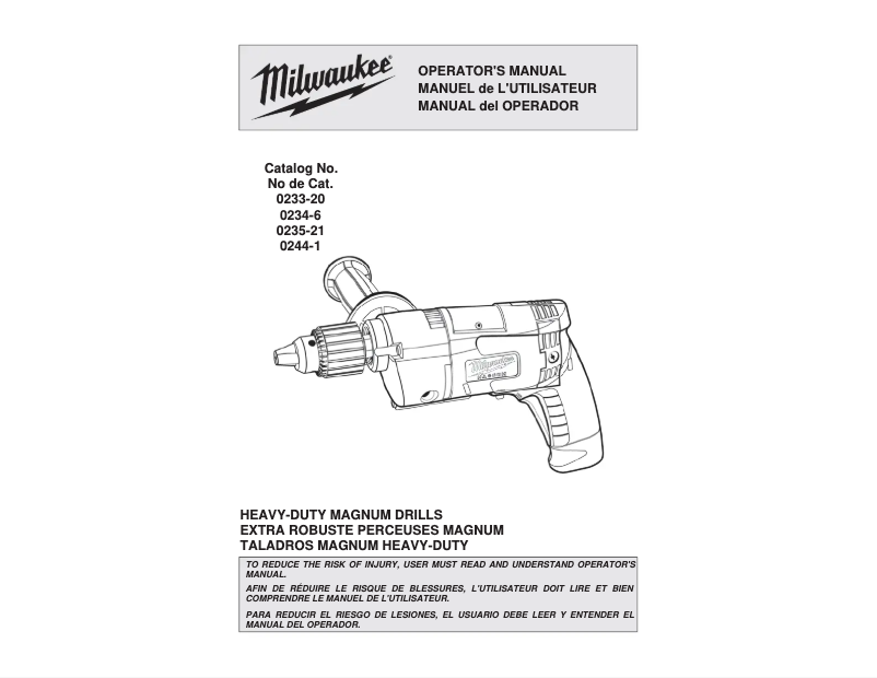 Page 1 de la notice Manuel utilisateur Milwaukee 0233-20