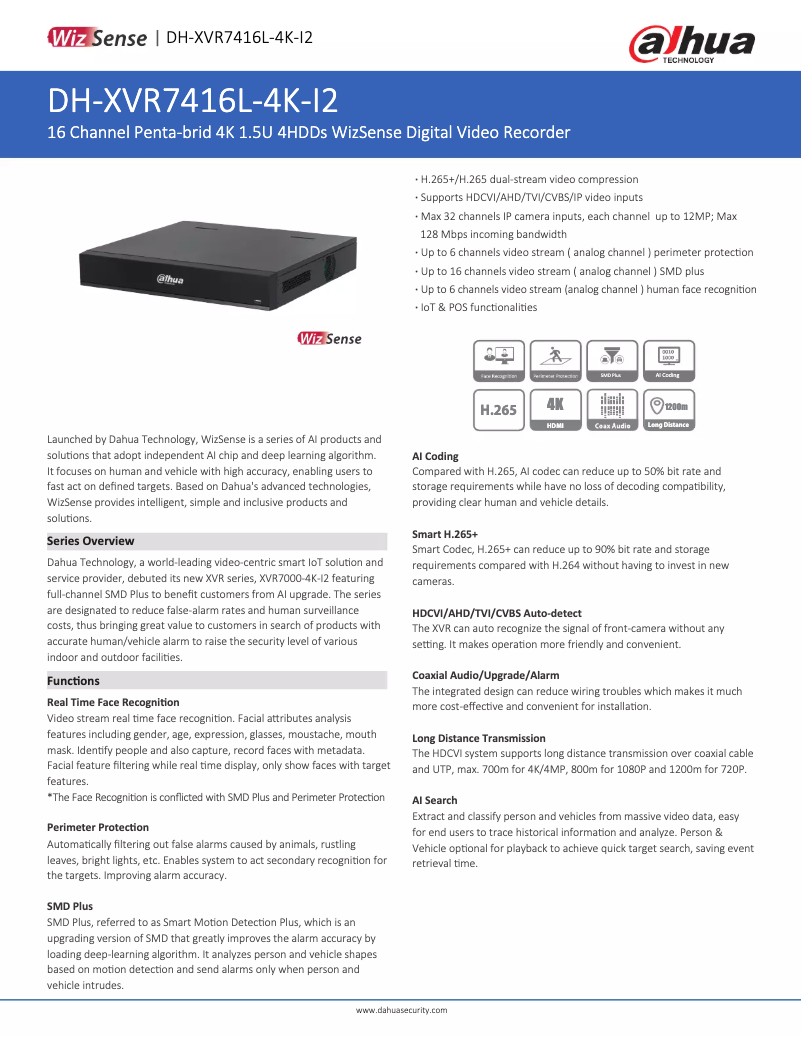 Page 1 de la notice Fiche technique Dahua Technology XVR7416L-4K-I2