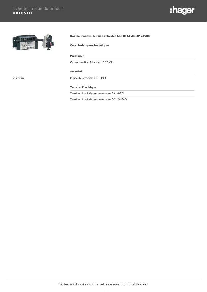 Page 1 de la notice Fiche technique Hager HXF051H