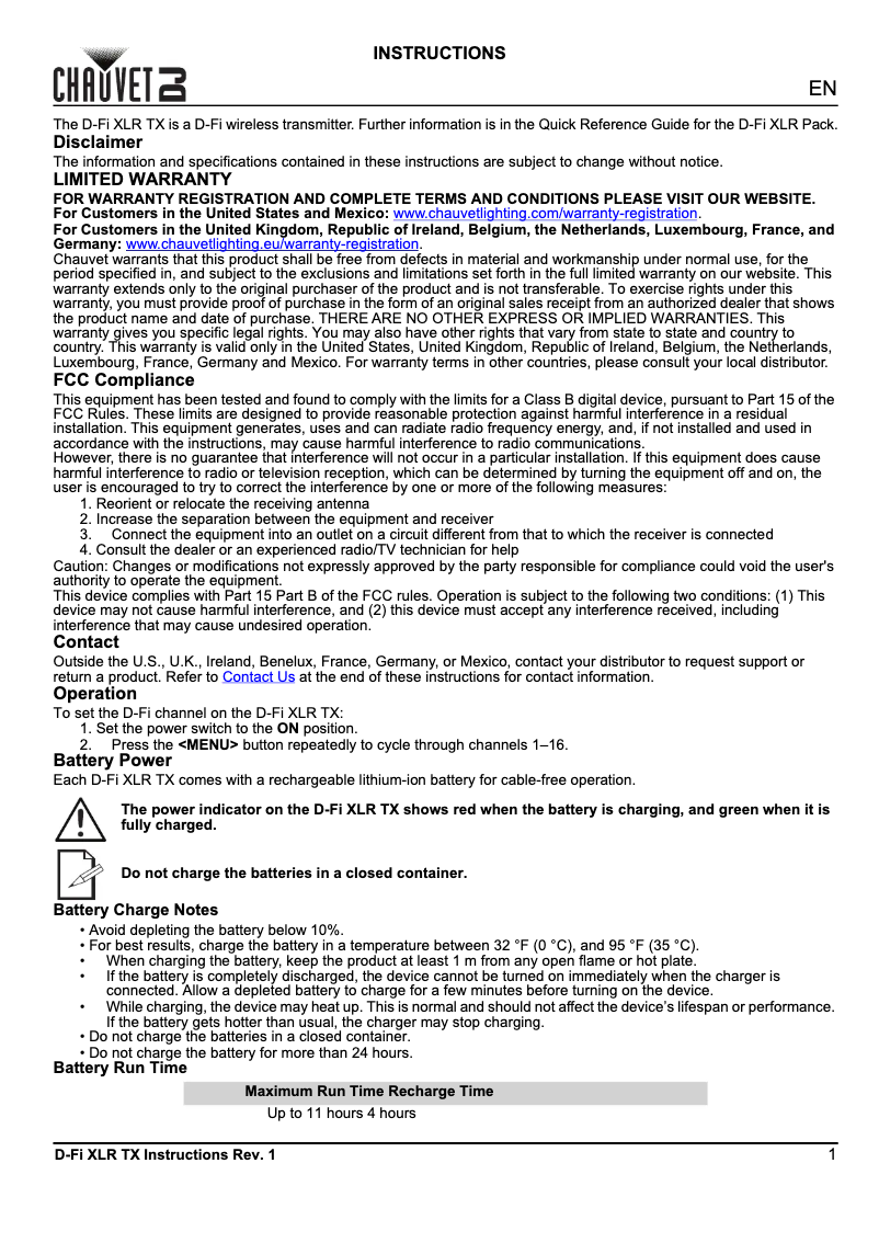 Page 1 de la notice Manuel utilisateur Chauvet D-Fi XLR TX