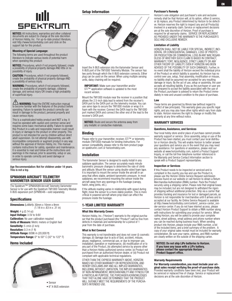 Page n°1 - Manuel utilisateur Spektrum SPMA9589