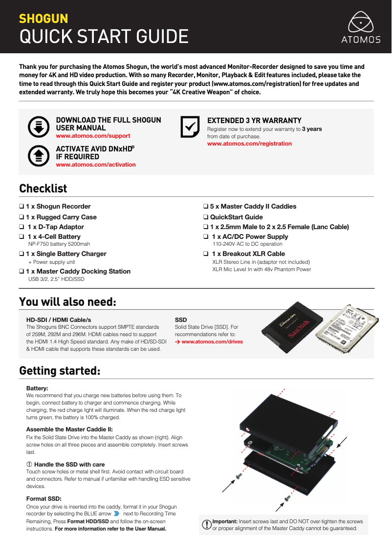 Page 1 de la notice Guide de démarrage rapide Atomos Shogun